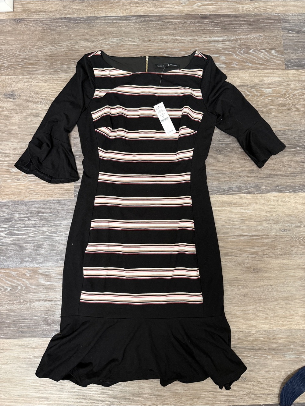 NWT White House Black Market Black Midi Dress with Cream and Pink Stripes
